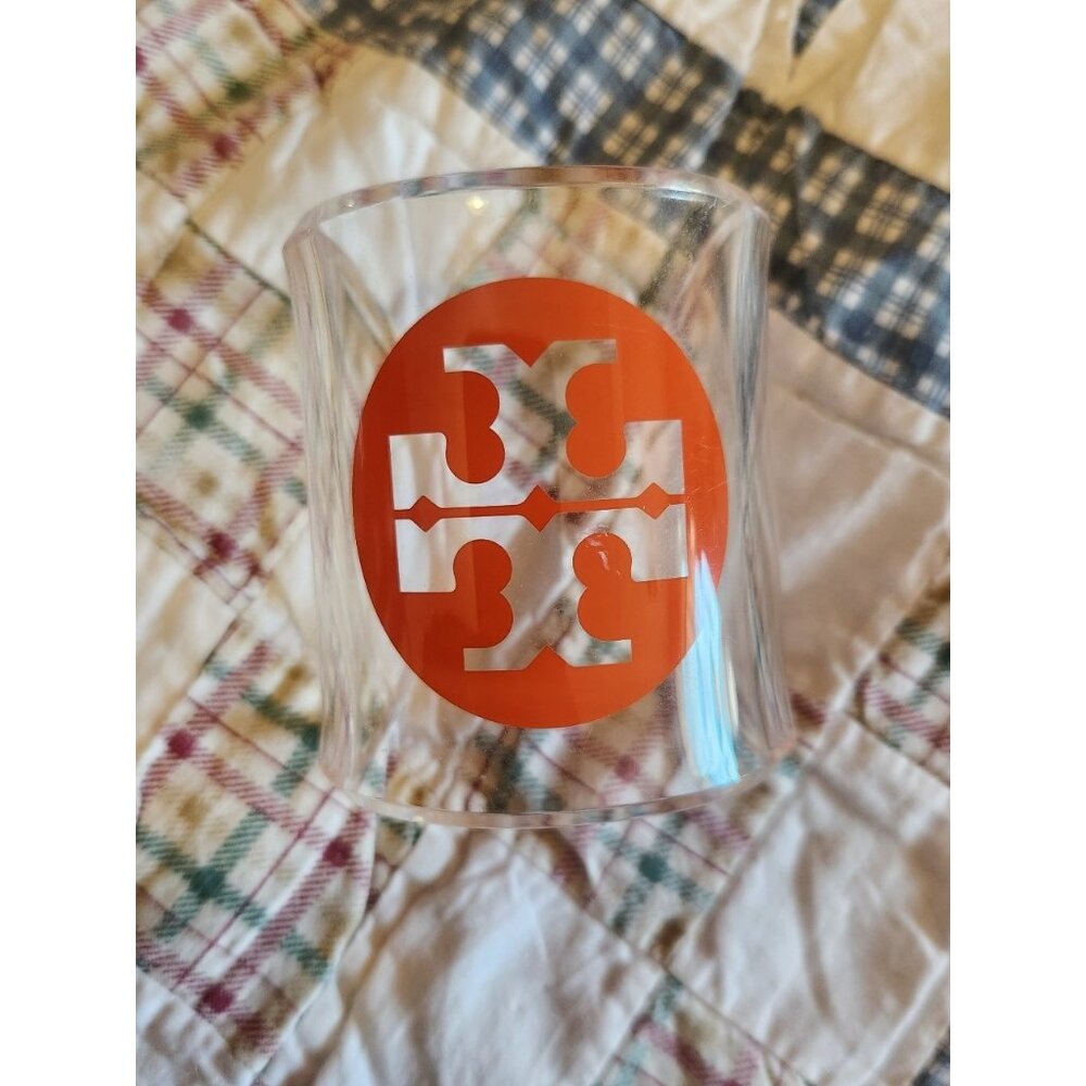 Tory Burch Clear Acrylic Lucite Resin Bracelet With Orange Logo